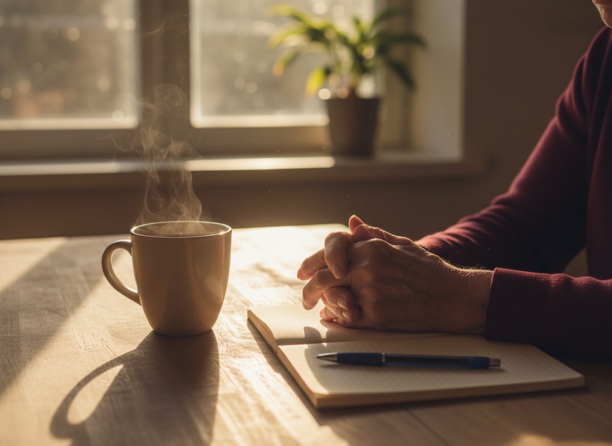 An older person's hands resting on a kitchen table beside a mug and a notepad, late afternoon light